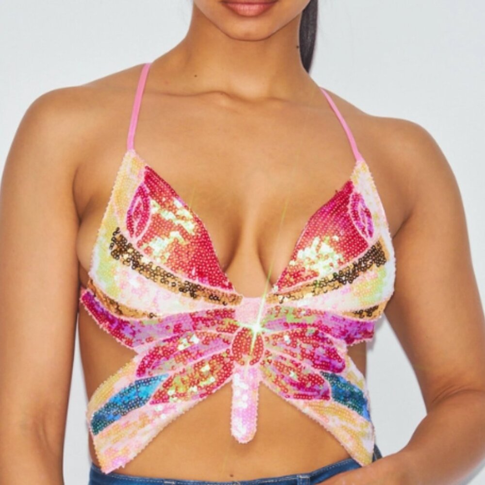🦋 Always Winning Butterfly Sequin Halter Top. - Picture 2 of 6